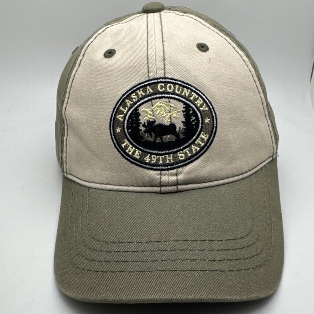 ALASKA COUNTRY THE 49TH STATE ADJUSTABLE STRAPBACK HAT/CAP, GREEN MOOSE/MOUNTAIN